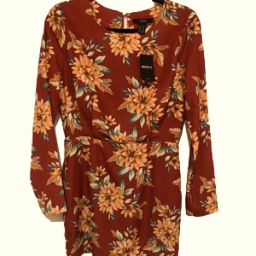 Forever 21 Long Sleeve Mini Dress ,Open Back, Rust/Orange/Maroon with Ivory D122
